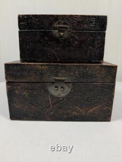 Vintage 1900's Set of 2 Embossed Leather Storage Boxes with Burgundy Velvet Lining