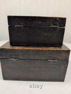 Vintage 1900's Set of 2 Embossed Leather Storage Boxes with Burgundy Velvet Lining