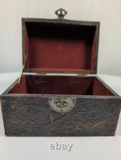 Vintage 1900's Set of 2 Embossed Leather Storage Boxes with Burgundy Velvet Lining