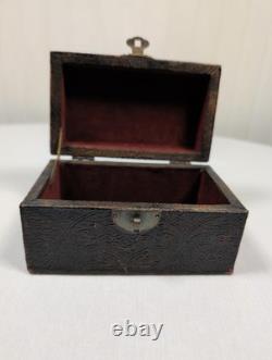 Vintage 1900's Set of 2 Embossed Leather Storage Boxes with Burgundy Velvet Lining