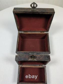 Vintage 1900's Set of 2 Embossed Leather Storage Boxes with Burgundy Velvet Lining