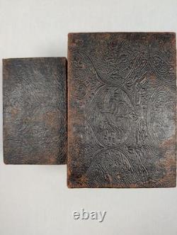 Vintage 1900's Set of 2 Embossed Leather Storage Boxes with Burgundy Velvet Lining
