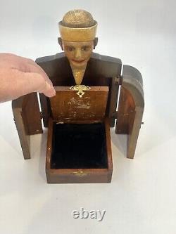 Vintage 1940's Hand Carved Wooden Sailor Figure Stash Box Jewelry Medals