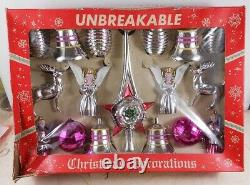 Vintage 1950's Hard Plastic Unbreakable Christmas Ornament Set In Box Rare