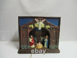 Vintage 1950s lighted Nativity Scene wind-up music box Manger wood plastic