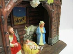 Vintage 1950s lighted Nativity Scene wind-up music box Manger wood plastic
