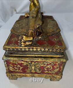 Vintage 1960's Red/Gold Leaf Reclining Buddha Keepsake/Jewelry Box Container