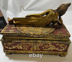 Vintage 1960's Red/Gold Leaf Reclining Buddha Keepsake/Jewelry Box Container