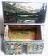 Vintage 1973 Folk Art Log Cabin Wood Box Mcm Decoupage Jewelry Chest Tramp Mod