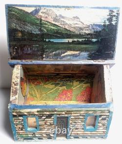 Vintage 1973 Folk Art Log Cabin Wood Box MCM Decoupage Jewelry Chest Tramp Mod