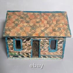 Vintage 1973 Folk Art Log Cabin Wood Box MCM Decoupage Jewelry Chest Tramp Mod