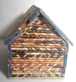 Vintage 1973 Folk Art Log Cabin Wood Box MCM Decoupage Jewelry Chest Tramp Mod