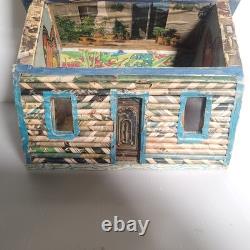Vintage 1973 Folk Art Log Cabin Wood Box MCM Decoupage Jewelry Chest Tramp Mod