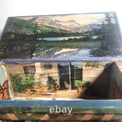 Vintage 1973 Folk Art Log Cabin Wood Box MCM Decoupage Jewelry Chest Tramp Mod