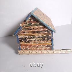 Vintage 1973 Folk Art Log Cabin Wood Box MCM Decoupage Jewelry Chest Tramp Mod