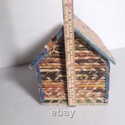 Vintage 1973 Folk Art Log Cabin Wood Box MCM Decoupage Jewelry Chest Tramp Mod
