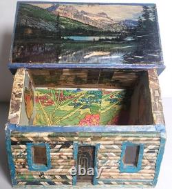Vintage 1973 Folk Art Log Cabin Wood Box MCM Decoupage Jewelry Chest Tramp Mod
