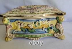 Vintage 50s Japanese Trinket Box Majolica Maruhon Ware Bonboniere Lidded Jewelry