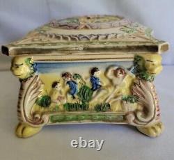 Vintage 50s Japanese Trinket Box Majolica Maruhon Ware Bonboniere Lidded Jewelry