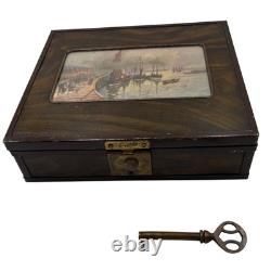 Vintage 60's Wooden Box with Key, E. Berman & Co, Milwaukee Harbor Lake Scene