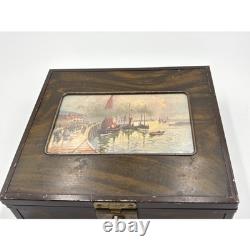 Vintage 60's Wooden Box with Key, E. Berman & Co, Milwaukee Harbor Lake Scene