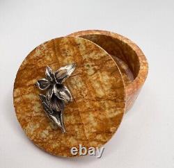 Vintage. 800 Silver Trinket Jewelry Box Orchid Yellow Stone Italy 2.3 Marked Vintage. 800 Silver Trinket Jewelry Box Orchid Yellow Stone Italy 2.3 Marked