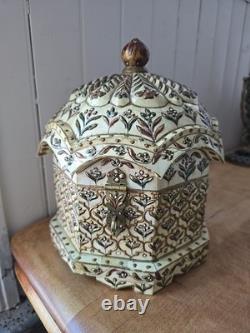 Vintage 9 Trinket Box Overlaid With Bones With Handpainted Details & Blue Velvet