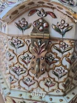 Vintage 9 Trinket Box Overlaid With Bones With Handpainted Details & Blue Velvet