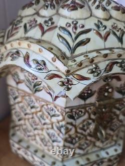 Vintage 9 Trinket Box Overlaid With Bones With Handpainted Details & Blue Velvet