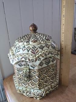 Vintage 9 Trinket Box Overlaid With Bones With Handpainted Details & Blue Velvet