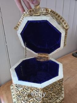 Vintage 9 Trinket Box Overlaid With Bones With Handpainted Details & Blue Velvet
