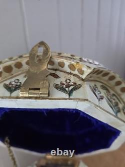 Vintage 9 Trinket Box Overlaid With Bones With Handpainted Details & Blue Velvet