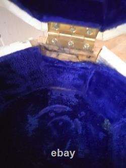 Vintage 9 Trinket Box Overlaid With Bones With Handpainted Details & Blue Velvet