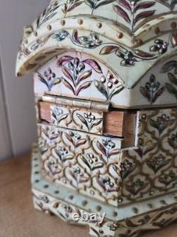 Vintage 9 Trinket Box Overlaid With Bones With Handpainted Details & Blue Velvet