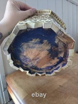 Vintage 9 Trinket Box Overlaid With Bones With Handpainted Details & Blue Velvet