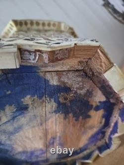 Vintage 9 Trinket Box Overlaid With Bones With Handpainted Details & Blue Velvet