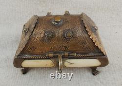 Vintage African Camel Bone Treasure /Jewelry/Trinket Box With Brass Trim & Stone