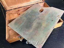 Vintage Aged Cedar Wood Painters Travel Art Box, Double Hinged, with Palette
