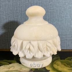 Vintage Alabaster Jar Lid Hand Carved Italian Dish Box Leaf Detail Storage 4.5