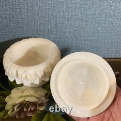 Vintage Alabaster Jar Lid Hand Carved Italian Dish Box Leaf Detail Storage 4.5