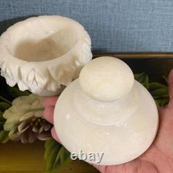 Vintage Alabaster Jar Lid Hand Carved Italian Dish Box Leaf Detail Storage 4.5
