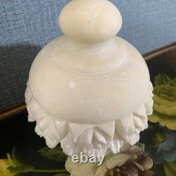 Vintage Alabaster Jar Lid Hand Carved Italian Dish Box Leaf Detail Storage 4.5