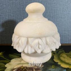 Vintage Alabaster Jar Lid Hand Carved Italian Dish Box Leaf Detail Storage 4.5