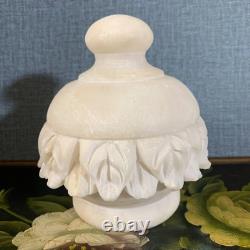 Vintage Alabaster Jar Lid Hand Carved Italian Dish Box Leaf Detail Storage 4.5