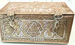 Vintage Antique 1930 Damascene Brass Silver Copper Inlay David Star Trinket Box