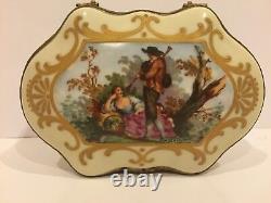 Vintage Antique Sevres Style Porcelain Jewelry Trinket Box with Romantic Scenes