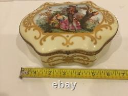 Vintage Antique Sevres Style Porcelain Jewelry Trinket Box with Romantic Scenes