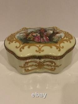 Vintage Antique Sevres Style Porcelain Jewelry Trinket Box with Romantic Scenes