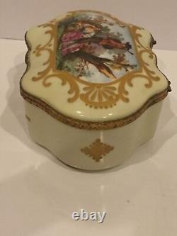 Vintage Antique Sevres Style Porcelain Jewelry Trinket Box with Romantic Scenes