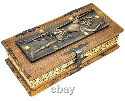 Vintage Antique Solid Wood Don Quixote Medieval Knight Metalwork Inlay Box